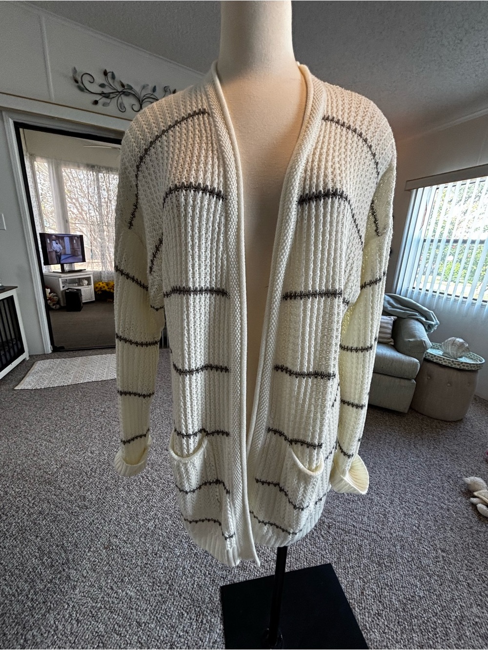 Open-Front Cream Ribbed Cardigan with Subtle Stripe